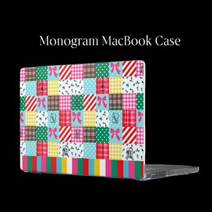 May include: A MacBook case featuring a patchwork pattern of red, green, yellow, and light blue squares. The design includes pink bows, holly leaves, and small rectangular icons. The text Monogram MacBook Case appears above the laptop.