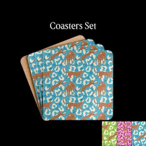 May include: A set of square coasters with rounded corners, featuring a repeating pattern of brown cheetahs on a light blue background with white abstract shapes. The text Coasters Set is displayed above. Three smaller color variations are shown below.