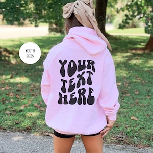 Sudadera con capucha con texto personalizado, fuente de burbujas, idea de regalo de moda, sudaderas con capucha de cumpleaños personalizadas, sudadera con capucha unisex con nombre y texto ondulado en la espalda