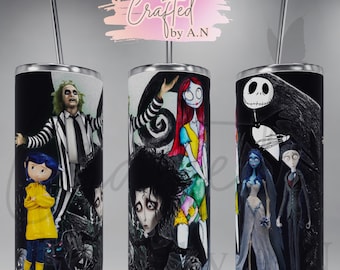 May include: Three stainless steel tumblers with black and white images of characters from popular movies. The first tumbler features Beetlejuice, Lydia, and other characters from the movie Beetlejuice. The second tumbler features Jack Skellington and Sally from The Nightmare Before Christmas. The third tumbler features Jack Skellington, Sally, and other characters from The Nightmare Before Christmas.
