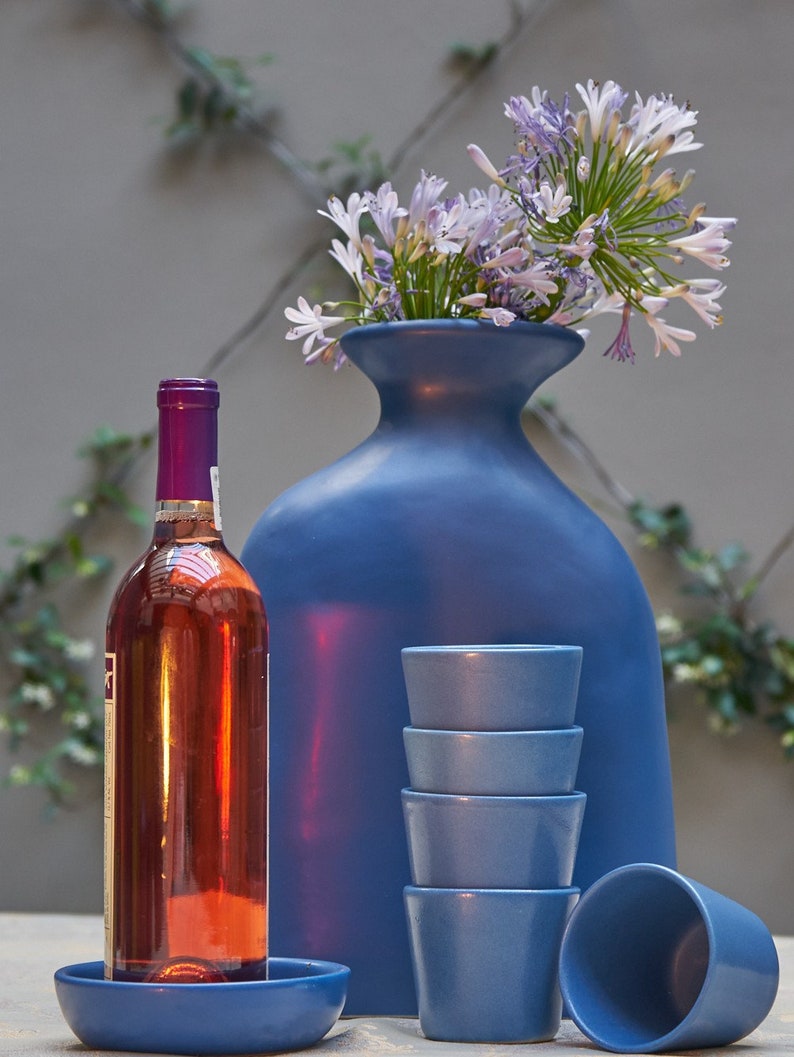 Wine Set. 4 Wine Cups & 1 Wine Bottle Holder, Handmade Matte Ceramic, Mexican Pottery, handheld glasses. Perfect Gift Color choice option