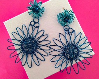 Flower Earrings - Blue Earrings - Handmade Earrings - Hematite Earrings - Handcrafted Earrings