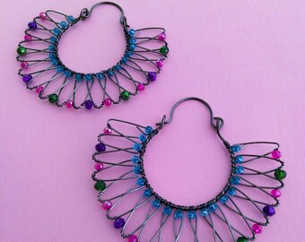 Maxi Earrings - Earrings with crystals - Colored earrings - Big earrings - Fan earrings - Summer earrings
