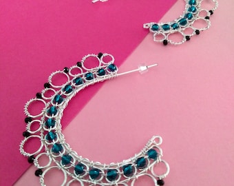 Silver-plated earrings Handmade earrings Semi-circle earrings Earrings with crystals Original earrings Handcrafted earrings