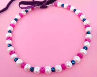 Choker met parels en stenen - Choker met Jade Hematiet Parels - Choker met fluwelen lint - Unisex Choker - Parelsnoer voor dames en heren