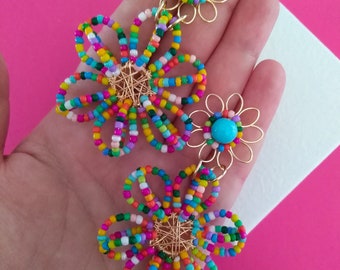 Beaded Earrings-Colorful Earrings-Flower Earrings-Beaded-Handmade-Summer Earrings-Multicolor Earrings-Unique