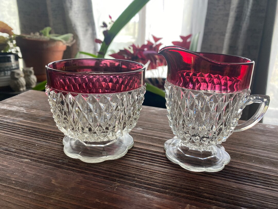 Indiana Glass Ruby Rimmed Cream and Sugar Diamond Pattern - Etsy
