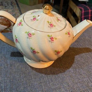 May include: A white teapot with a gold trim and a floral pattern. The teapot has a round body and a curved spout. The teapot is decorated with pink roses and green leaves.