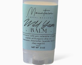 May include: A clear plastic tube of Mountain Herbal Revival Wild Yam Balm. The label is light blue with black script and text that reads "Wild Yam Balm." The balm contains wild yam, calendula infused caster oil, and other natural ingredients. Net weight is .5 oz.