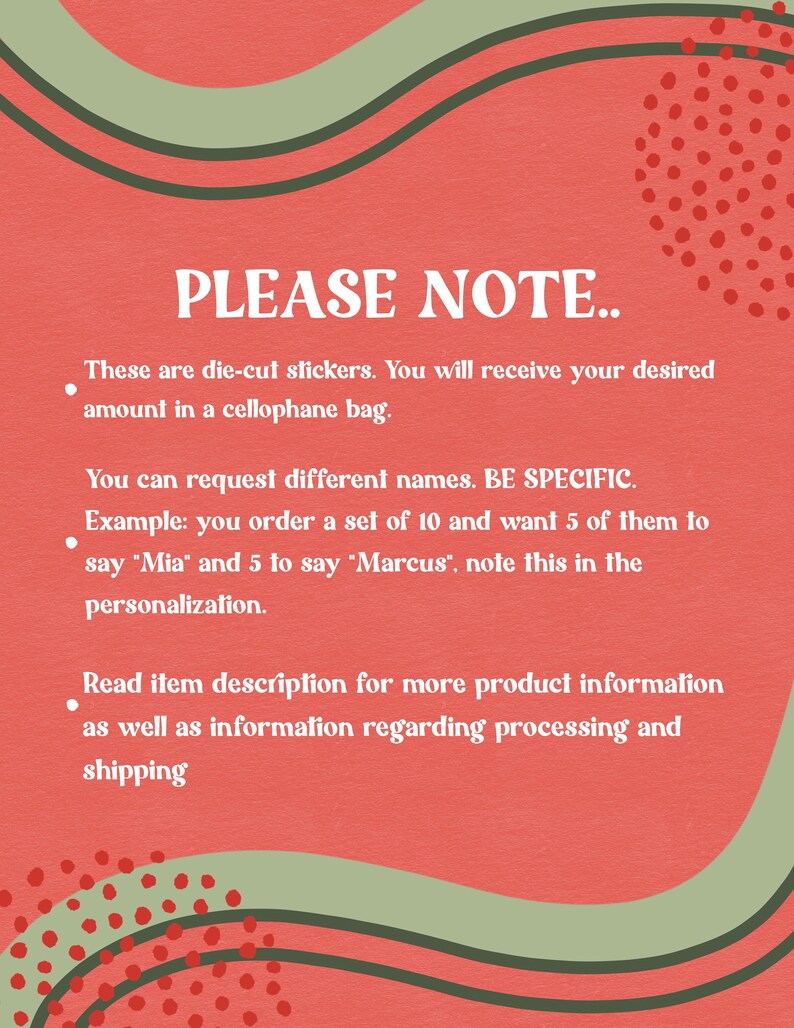 K&ouml;nnte beinhalten: Eine rote und gr&uuml;ne Grafik mit dem Text "PLEASE NOTE..." und einer Liste von Anweisungen zum Bestellen von ausgestanzten Aufklebern. Die Anweisungen beinhalten Informationen zur Personalisierung und zum Versand.