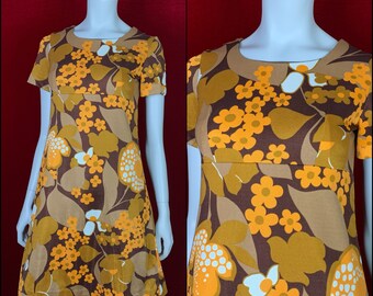 Vintage 1970s Mini Dress / 70s / Brown / Orange / Floral / Size S