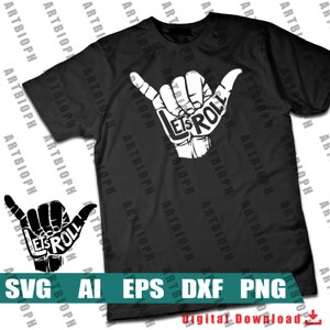 May include: A black t-shirt with a white hand making a shaka sign and the text "Let's Roll" inside the hand. The design is a digital download available in SVG, AI, EPS, DXF, and PNG formats.