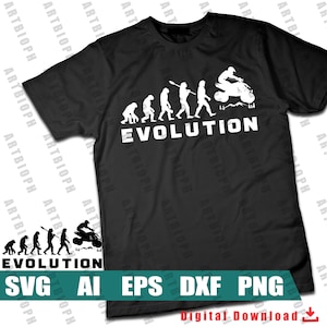 May include: A black t-shirt with a white graphic of the evolution of man, ending with a person riding an ATV. The text "EVOLUTION" is below the graphic.