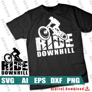 May include: A black t-shirt with a white graphic of a mountain biker riding downhill with the text "RIDE DOWNHILL".