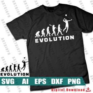 May include: A black t-shirt with a white silhouette of the evolution of man, ending with a volleyball player spiking the ball. The text "EVOLUTION" is below the silhouettes.