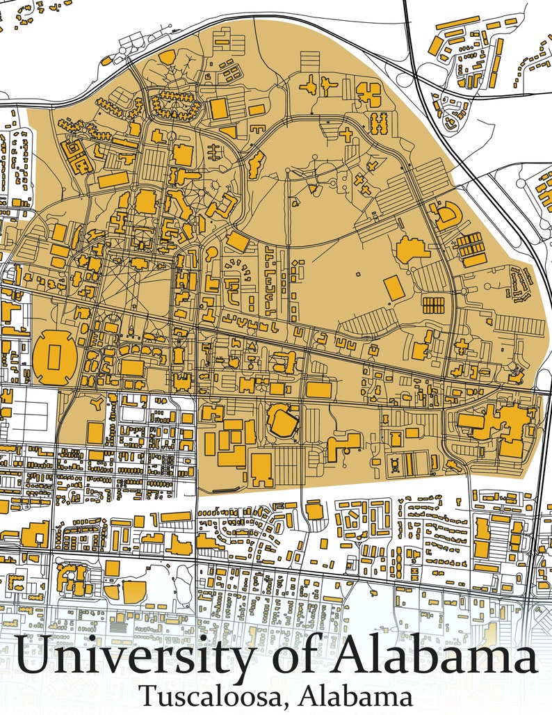 Colored Campus Map of University of Alabama and All Its Roads Etsy