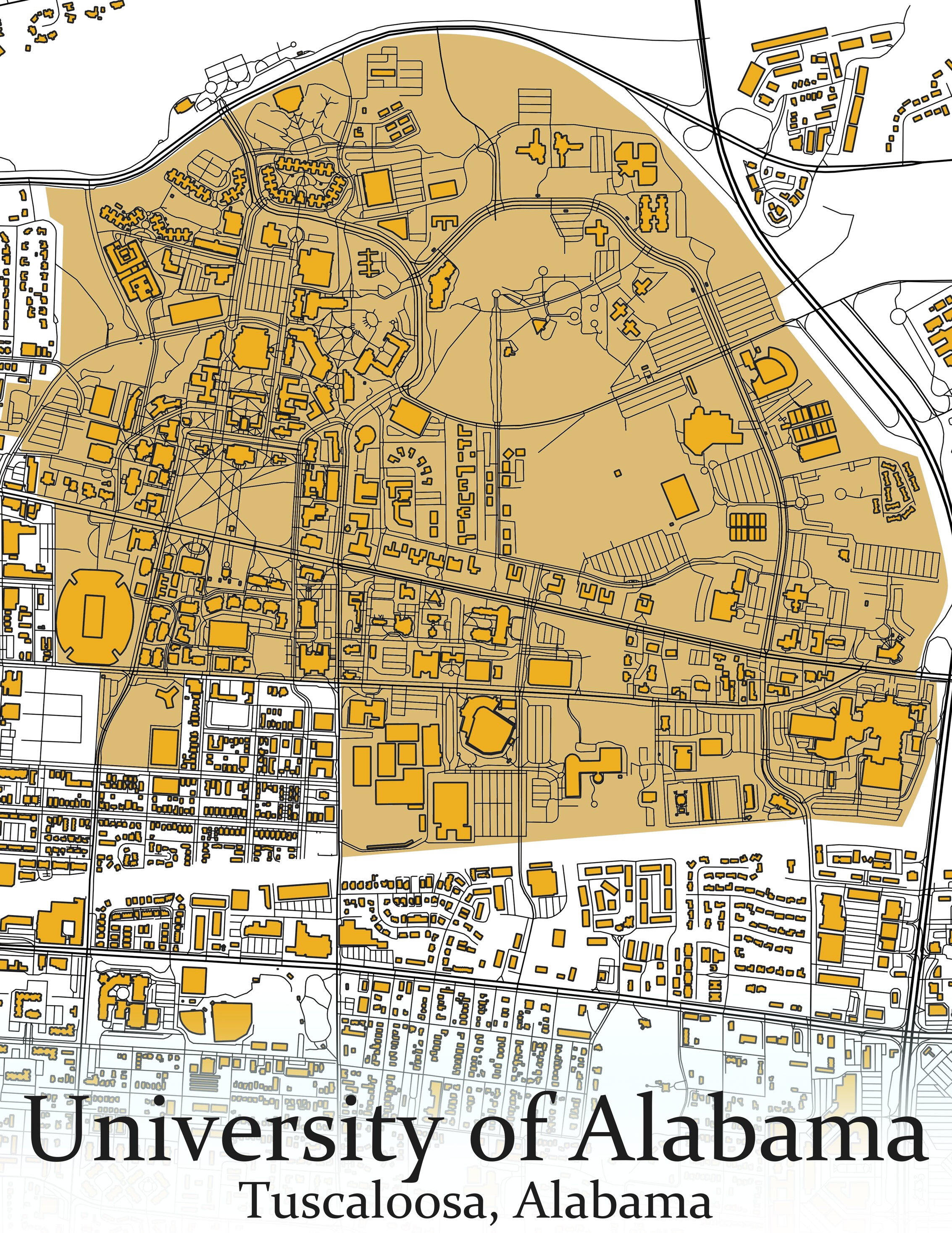 Colored Campus Map of University of Alabama and All Its Roads Etsy