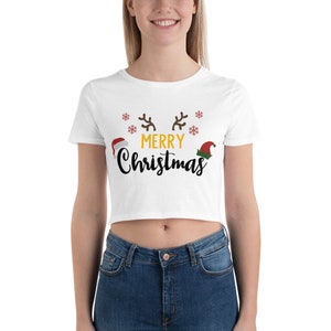 Vrolijk kerstfeest dames crop-shirt, Raindeer-shirt, shirt kerstmuts, shirt elfenhoed, grappig kerstshirt, schattig kerstshirt,