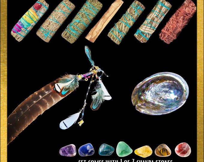 Chakra Smudging Kit, variety sage bundle with abalone shell, spiritual healing set with  smudge feather