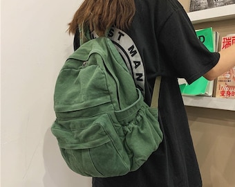 Men Canvas Backpack Casual School Bag for Women Male Female Big Travel Backpack Student Bag Computer Backpack-Army Green 