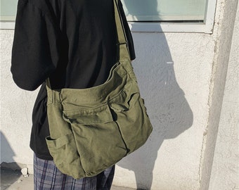 FENICAL Canvas Large Capacity Crossbody Bag Portable School Shoulder Bag FENICAL Canvas Large Capacity Crossbody Bag Portable School Shoulder Bag