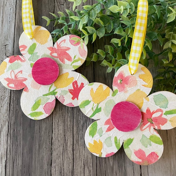 SET of 2 Spring Flower Ornaments, Spring Decor, Decoupaged Wood Flower