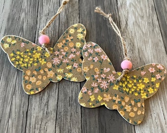 SET of 2 Wood Butterfly Ornaments, Spring Decor, Decoupaged Wood Ornament