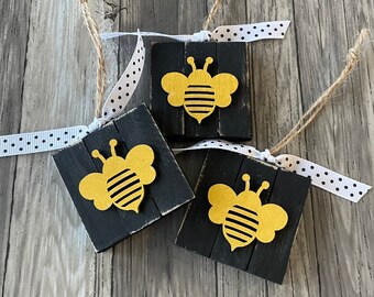 Set of 3 Wooden Bee Ornaments, Spring Ornaments