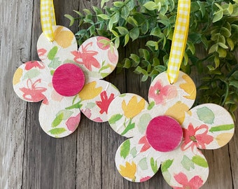 SET of 2 Spring Flower Ornaments, Spring Decor, Decoupaged Wood Flower