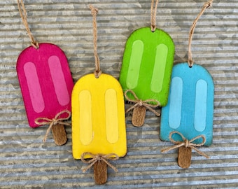 Set of 4 Handpainted Wood Popsicle Ornaments, Summer Decor