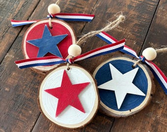 4th of July Decor, Set of 3 Star Woodslice Ornaments 3”