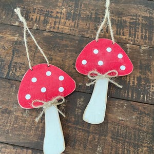 SET of 2 Wood Mushroom Ornaments, Woodland Decor