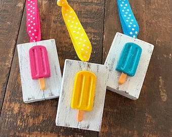 Set of 3 Mini Popsicle Ornaments, Summer Decor, Rainbow Ice Pops