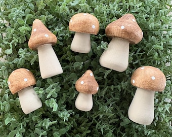 Set of 6 Decorative Mini Wood Mushrooms, Rustic Woodland Decor