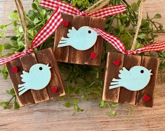 Set of 3 Wood Blue Bird Ornaments, Spring Decor