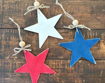 Set of 3 Flat Wood 3" Star Ornaments, Patriotic 4th of July Ornaments