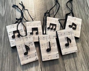 Set of 7 Mini Musical Note Ornaments, Wood Christmas Ornaments