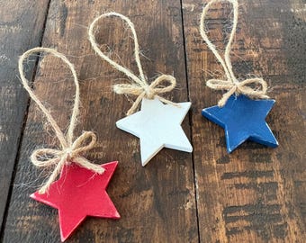 Set of 3 Mini Rustic Wood Star Ornaments, Patriotic 4th of July Decor