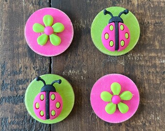 Set of 4 Mini Ladybug/Flower Magnets, Mini Refrigerator Magnets