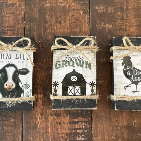 SET of 3 Farmhouse Style Magnets, Wooden Refrigerator Magnets, Farmhouse Mini Signs