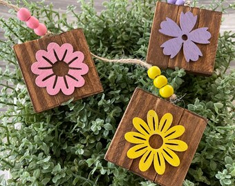 Set of 3 Wooden Flower Ornaments, Spring Ornaments