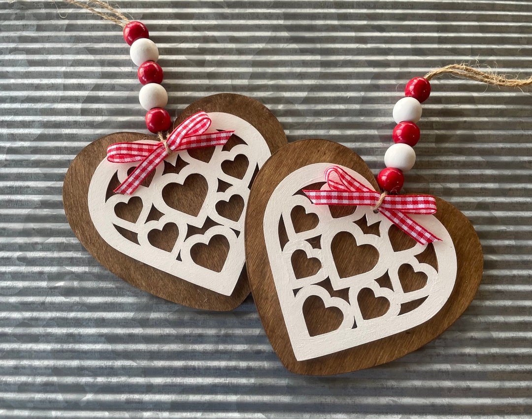 Set 0f 2 Wood Heart Ornaments, Wood Hanging Sign, Valentine's Day Etsy