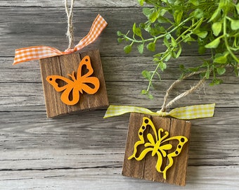 Set of 2 Wooden Butterfly Ornaments, Spring Decor