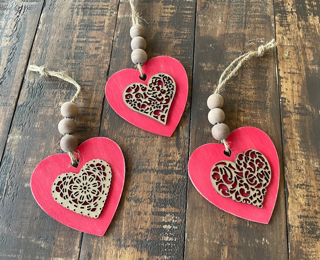 Set of 3 Rustic Wood Heart Ornaments, Valentine's Day Etsy