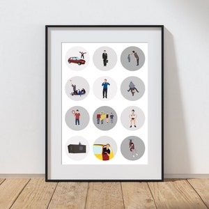 May include: A framed print featuring a series of circular illustrations. Each circle contains a minimalist depiction of a person or scene, including a car, a person with a briefcase, and a person with a child.
