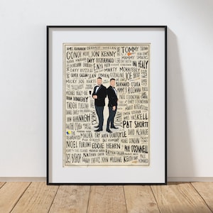 May include: A framed print with a cream background, featuring two men in suits and a list of names in a unique font. The black frame enhances the artwork, ideal for home decor.