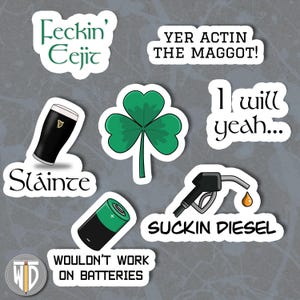 Op de afbeelding: Een verzameling stickers met witte randen en Ierse thema-ontwerpen. De stickers bevatten een pint stout, een klaverblad en zinnen als "Feckin' Cejit" en "Yer Actin' The Maggot!" Bevat ook een batterij en een benzinepomp.