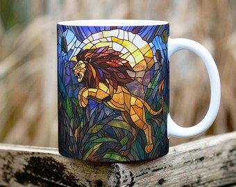 Lion Stained Glass Mug, Sunset Jungle Coffee Cup, Wildlife Tea Mug, Animal Lover Gift, Unique Kitchen Decor