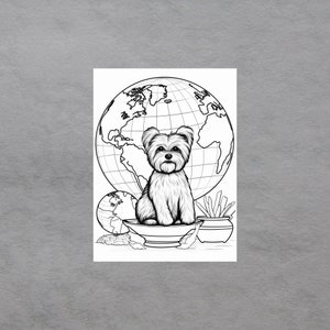 Puede incluir: Un dibujo en blanco y negro de un perro peque&ntilde;o sentado en un pedestal con un globo terr&aacute;queo detr&aacute;s. El perro mira directamente al espectador. Hay dos globos m&aacute;s peque&ntilde;os y una planta en maceta en primer plano.