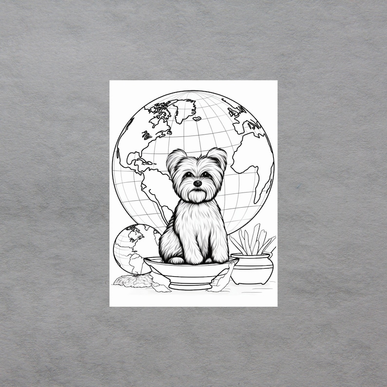 Puede incluir: Un dibujo en blanco y negro de un perro peque&ntilde;o sentado en un pedestal con un globo terr&aacute;queo detr&aacute;s. El perro mira directamente al espectador. Hay dos globos m&aacute;s peque&ntilde;os y una planta en maceta en primer plano.